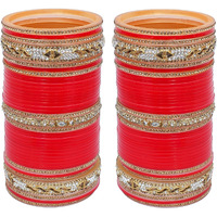 Lucky Jewellery Bridal Bangle Set Red Dulhan Golden & White Stone Chura Designer Fashion Choora Punjabi Wedding Chuda For Women (1502-M1C1-SHAKTI-R28)