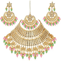 Lucky Jewellery Designer Gold Plating Pink and Mint Color Pearl with Kundan Choker Bridal Necklace Set For Girls & Women (4200-QSK-564-PKMNT)