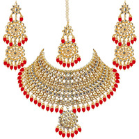 Lucky Jewellery Designer Gold Plating Red Color Pearl with Kundan Choker Bridal Dulhan Necklace Set For Girls & Women (4200-QSK-580-RED)