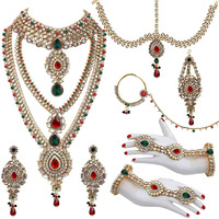 Lucky Jewellery Designer Gold Plated Dulhan Bridal Jewelry Set 8 Pcs. for Girls & Women (WZK-RED-G)