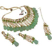LUCKY JEWELLERY Back Meenakari 18k Gold Plated Green Color Square Shape Tika Earring Combo Jewellery Set Uncut Kundan Big Faux Kundan Dibbi Kundan Choker Necklace Set for Girls & Women