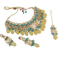 LUCKY JEWELLERY Back Meenakari 18k Gold Plated Multicolor Square Shape Tika Earring Combo Jewellery Set Uncut Kundan Big Faux Kundan Dibbi Kundan Choker Necklace Set for Girls & Women