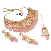 LUCKY JEWELLERY Back Meenakari 18k Gold Plated Pink Color Square Shape Tika Earring Combo Jewellery Set Uncut Kundan Big Faux Kundan Dibbi Kundan Choker Necklace Set for Girls & Women