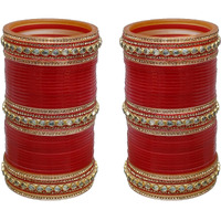 Lucky Jewellery Bridal Bangle Set Designer Golden White & Red Stone Chuda, Wedding punjabi Choora Fashion Chura Set for Women (941-M1C1-LOVKUSH-R28)