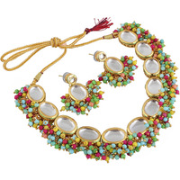 LUCKY JEWELLERY Back Meenakari 18k Gold Plated Multicolor Earring Combo Jewellery Set Uncut Kundan Big Faux Kundan Dibbi Kundan Choker Necklace Set for Girls & Women
