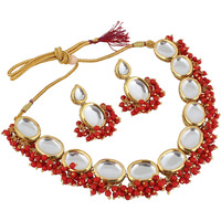 LUCKY JEWELLERY Back Meenakari 18k Gold Plated Red Color Earring Combo Jewellery Set Uncut Kundan Big Faux Kundan Dibbi Kundan Choker Necklace Set for Girls & Women