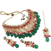 LUCKY JEWELLERY Back Meenakari 18k Gold Plated Multicolor Square Shape Tika Earring Combo Jewellery Set Uncut Kundan Big Faux Kundan Dibbi Kundan Choker Necklace Set for Girls & Women