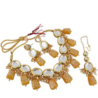 LUCKY JEWELLERY Back Meenakari 18k Gold Plated Yellow Color Tika Earring Combo Jewellery Set Uncut Kundan Big Faux Kundan Dibbi Kundan Choker Necklace Set for Girls & Women