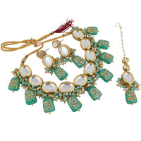 LUCKY JEWELLERY Back Meenakari 18k Gold Plated Mint Color Tika Earring Combo Jewellery Set Uncut Kundan Big Faux Kundan Dibbi Kundan Choker Necklace Set for Girls & Women