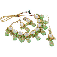 LUCKY JEWELLERY Back Meenakari 18k Gold Plated Green Color Tika Earring Combo Jewellery Set Uncut Kundan Big Faux Kundan Dibbi Kundan Choker Necklace Set for Girls & Women