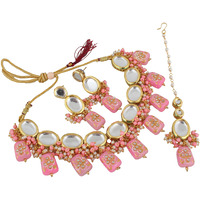 LUCKY JEWELLERY Back Meenakari 18k Gold Plated Pink Color Tika Earring Combo Jewellery Set Uncut Kundan Big Faux Kundan Dibbi Kundan Choker Necklace Set for Girls & Women