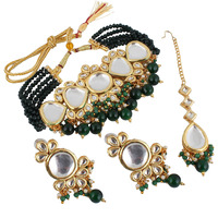 LUCKY JEWELLERY Back Meenakari 18k Gold Plated Green Color Tika Earring Combo Jewellery Set Uncut Kundan Big Faux Kundan Dibbi Kundan Choker Necklace Set for Girls & Women