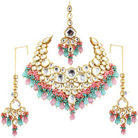 Lucky Jewellery Meenakari 18K Gold plated Multi color Uncut dibbi Kundan Combo Necklace Set