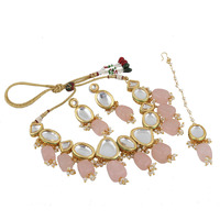 LUCKY JEWELLERY Back Meenakari 18k Gold Plated Pink Color Tika Earring Combo Jewellery Set Uncut Kundan Big Faux Kundan Dibbi Kundan Choker Necklace Set for Girls & Women