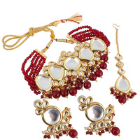 LUCKY JEWELLERY Back Meenakari 18k Gold Plated Maroon Color Tika Earring Combo Jewellery Set Uncut Kundan Big Faux Kundan Dibbi Kundan Choker Necklace Set for Girls & Women