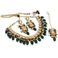 Lucky Jewellery Designer Green Color Beads Gold Plating Kundan Necklace Set for Girls & Women (660-J5SK-1664-G)