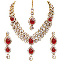 Lucky Jewellery Traditional Red Color Gold Plated Kundan Necklace Set For Girls & Women (MSK-3-LINE-RED)