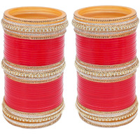 Lucky Jewellery Bridal Bangle Set Designer Red Chuda Golden and White Stone Chura Wedding Choora for Women (1254-G1C1-1016-R210)
