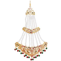 Lucky Jewellery Jhumar Passa Kundan White Pearl Jhoomar Maang Tika for Women Magenta Green Stone Multi Layered Pearl Chapka Jhumar Maang (Mang) Tikka(Tika) (660-CKN-C193-RG)