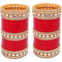 Lucky Jewellery Bridal Bangle Set Chura Red White Kundan & Golden Stone Choora Wedding Punjabi Chuda for Women (1848-G1C1-1013-R28)