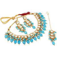 LUCKY JEWELLERY Back Meenakari 18k Gold Plated Turquoise Blue Color Square Shape Tika Earring Combo Jewellery Set Uncut Kundan Big Kundan Dibbi Kundan Choker Necklace Set for Girls & Women
