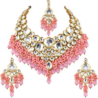 Lucky Jewellery 18K Gold Plated Pink Color Kundan Stone/Uncut Kundan/Dibbi Kundan/Meena Kundan/Lucknow Kundan with Monalisa Drop Bridal Set for Girls & Women (5910-M4SK-1574-PK)