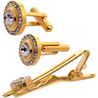 Lucky Jewellery Unique Men Jewelry White Stone Gold Plated Sleeve Button Formal Cuff Button Wedding Shirt Button, Suit, Blazer Cufflinks with Matching Tie Pin Gift Set For Men (383-M4C5-248TM40DT-W)