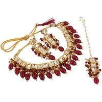 LUCKY JEWELLERY Back Meenakari 18k Gold Plated Maroon Color Square Shape Tika Earring Combo Jewellery Set Uncut Kundan Big Faux Kundan Dibbi Kundan Choker Necklace Set for Girls & Women