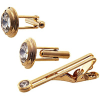 Lucky Jewellery Unique Men Jewelry White Stone Gold Plated Sleeve Button Formal Cuff Button Wedding Shirt Button, Suit, Blazer Cufflinks with Matching Tie Pin Gift Set for Men (307-M4C5-CR10MMT-W)