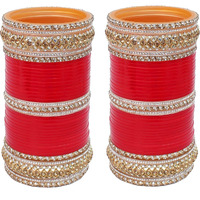 Lucky Jewellery Bridal Bangle Set Red and White Kundan Golden Stone Chuda Punjabi Wedding Chura Dulhan Choora For Women (1881-G1C1-1007-R26)