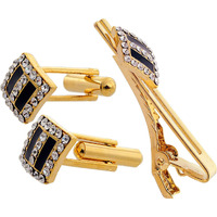 Lucky Jewellery Unique Men Jewelry White Color Stone Gold Plated Black Color Sleeve Button Formal Cuff Button Wedding Shirt Button, Suit, Blazer Cufflinks with Matching Tie Pin Gift Set For Men (416-M4C5-A5490-W-BL)
