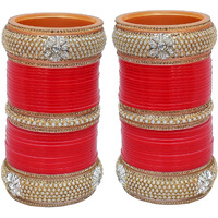 Lucky Jewellery Bridal Bangle Set Red White Pearl and Golden Stone Choora Wedding Chura Dulhan Punjabi Chuda For Women (1865-M1C1-ALISHA-R24)