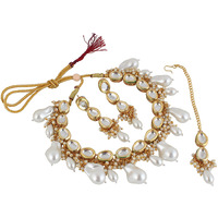 LUCKY JEWELLERY Back Meenakari 18k Gold Plated White Color Tika Earring Combo Jewellery Set Uncut Kundan Big Faux Kundan Dibbi Kundan Choker Necklace Set for Girls & Women