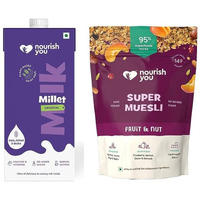 Nourish You Combo of Super Muesli, Fruit & Nut Muesli 400g & Plant Based Millet Mlk 1 L | High Protein Breakfast Cereal with 95% Superfoods | Gluten Free | Preservatives free