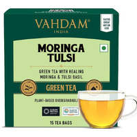 VAHDAM, Tulsi Moringa Green Tea Bags (15 Count) Low Caffeine, Non GMO & Gluten Free | Naturally High Grown Green Tea | Individually Wrapped Pyramid Tea Bags | Direct from Source