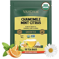 VAHDAM, Chamomile Mint Citrus Green Tea Bags (50 Count) Low Caffeine, Non GMO, Gluten Free | Sweet & Floral | Whole Loose Leaf Tea Bags | Resealable Ziplock Pouch | Chamomile Tea, Mint Tea Bags