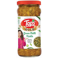 TOPS Pickle Green Chilli -375 gm Glass Bottle|Prepared with the goodness of Mustard Oil | No artificial colours