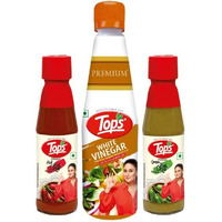 TOPS Red Chilli Sauce 200 gm + Green Chilli Sauce 200 gm + Vinegar White - 610 ml (Combo Pack of 3)