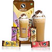 Bevzilla Premium Glass & 25 Flavoured Coffee Sachets Box |Makes 25 Cups Of Coffee| Butterscotch, Classic, French Vanilla & Turkish Hazelnut Flavour| Preimum Gift Box| Strong Coffee