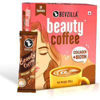 Bevzilla 30 Instant Beauty Coffee Infused with Marine Collagen, Biotin & Vitamin E Powder Sachets (30 X 5 Gram Sachets) Makes 30 Cups | 100% Arabica Coffee | Strong & Easy to Carry | Best for Espresso, Latte, Cappuccino
