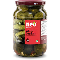 Neo Whole Gherkins 480g I Pack of 1 I 100% Vegan I Low Fat Sweet and Crunchy Pickles, Ready to Eat, No GMO I Enjoy with Nachos, Make a Healthy Salad at home