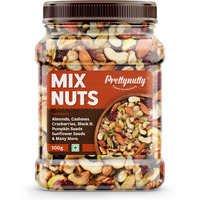PrettyNutty Healthy Nutmix 500g, Dried Almonds, Black Raisins, Cashewnuts, Cranberries, Black Dates & Many More. (Pack of Jar)
