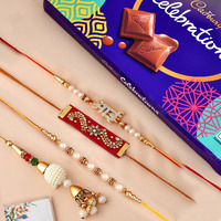 Rakhi for brother with chocolate Gifts Combo Set, Cadbury Rakshabandhan Bhai Bhabhi Hamper Greeting Card, Set of 4 Rakhi