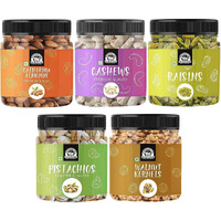 Wonderland Foods Premium Daily Needs Fresh and Healthy Mixed Dry Fruits Combo Pack of NP Almonds, Cashews W320, Long Green Raisin, Pistacho & Walnut Halves Kernels Combo Pack 1Kg Jar (200g X 5)