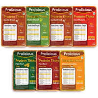 Prolicious High Protein Thins Combo | NO Palm Oil | Crispy | Methi, Pani Puri, Garlic Bread (2), Peri Peri, Masala Noodle and Desi Masala Thins (50g each, Pack of 7)