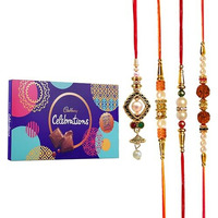 Maalpani Premium Gift Set of 3 Pearl and Rudraksh Rakhi - Chocolates - Celebration Hamper