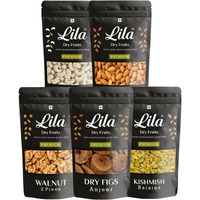 Lila Dry Fruits Daily Needs DryFruit Combo Pack 1Kg (5 x 200g) American Almonds, California Walnuts, Afghani Anjeer, Cashews, Raisins | Healthy and Nutritious | Rich in Vitamins Minerals