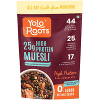 Yolo Roots High Protein Dark Chocolate Muesli 1 Kg | Indias 1st 25gm Protein per 100gm Muesli with Premium Whey Protein, 25% Almond, Pumpkin & Cranberry | No Added Refined Sugar | Made in Date Syrup