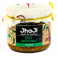 JhaJi - Taste of Mithila Stores Spicy Green Chili Pickle|Hari Mirch Ka Teekha & Khatta Achaar |Hot, Tangy, Sour, & Spicy | Bihari-Style Homemade|Sun-Dried. No Artificial Preservatives & Colors, 250g