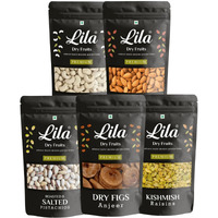 Lila Dry Fruits Daily Needs DryFruit Combo Pack 1Kg (5 x 200g) American Almonds, Afghani Anjeer, Cashews, Raisins, Pista | Healthy and Nutritious | Rich in Vitamins Minerals